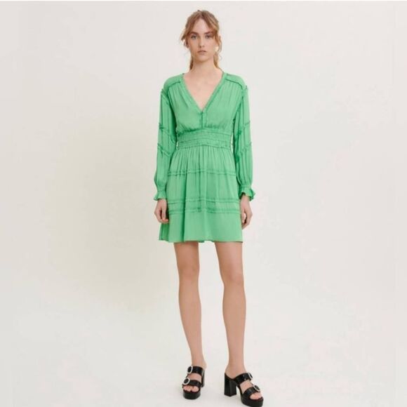 Maje Satin Pleated Mini Dress Sz 34 XS Ruffled Smocked V Neck Long Sleeves Fairy - Picture 12 of 13